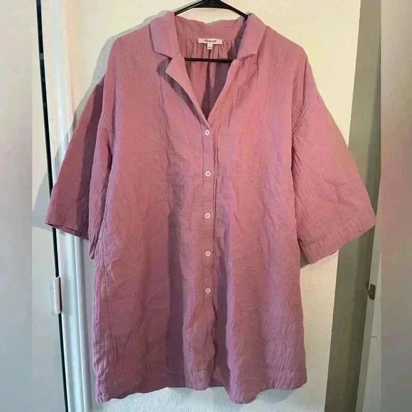 Madewell Pink Lightspun Cover Up Oversized Short Sleeve Shirt Dress Size Medium - Picture 2 of 9
